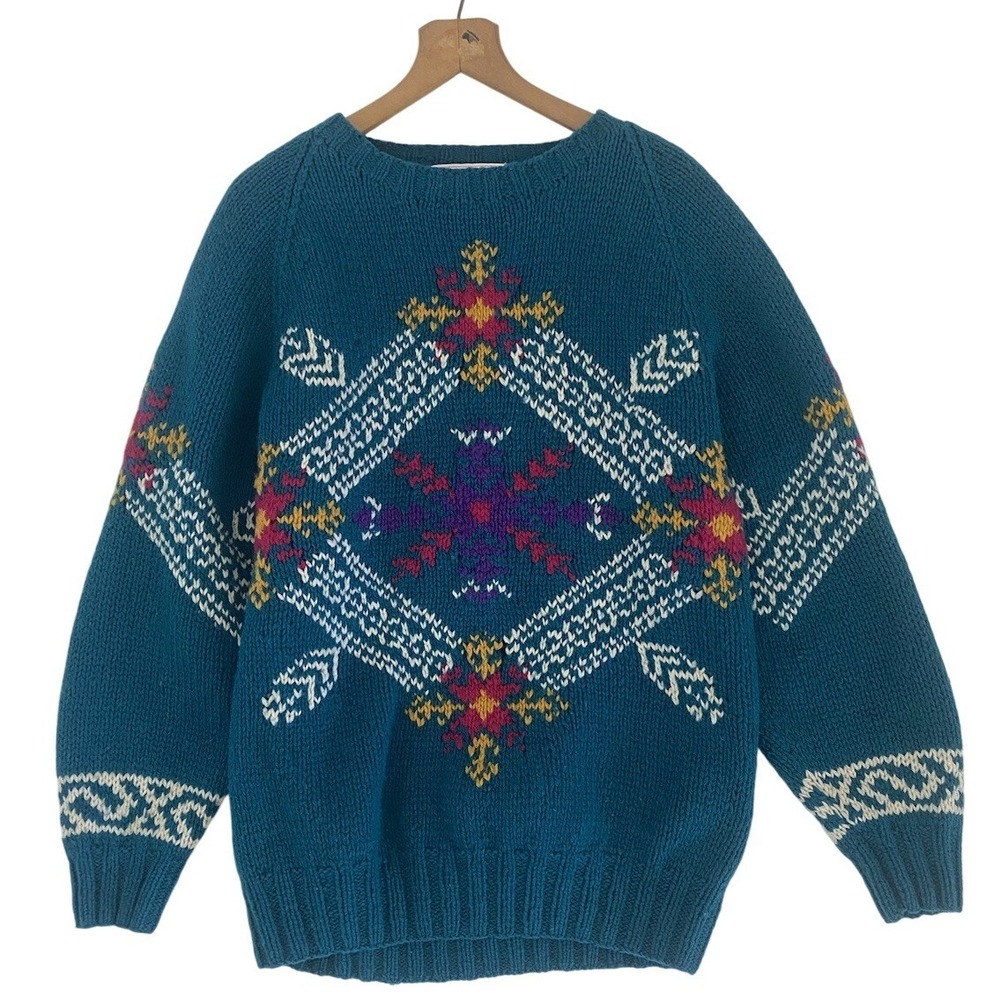 Vintage 80s 90s Wool Sweater S Multicolor Crochet Fair Isle Fall Winter Grandpa